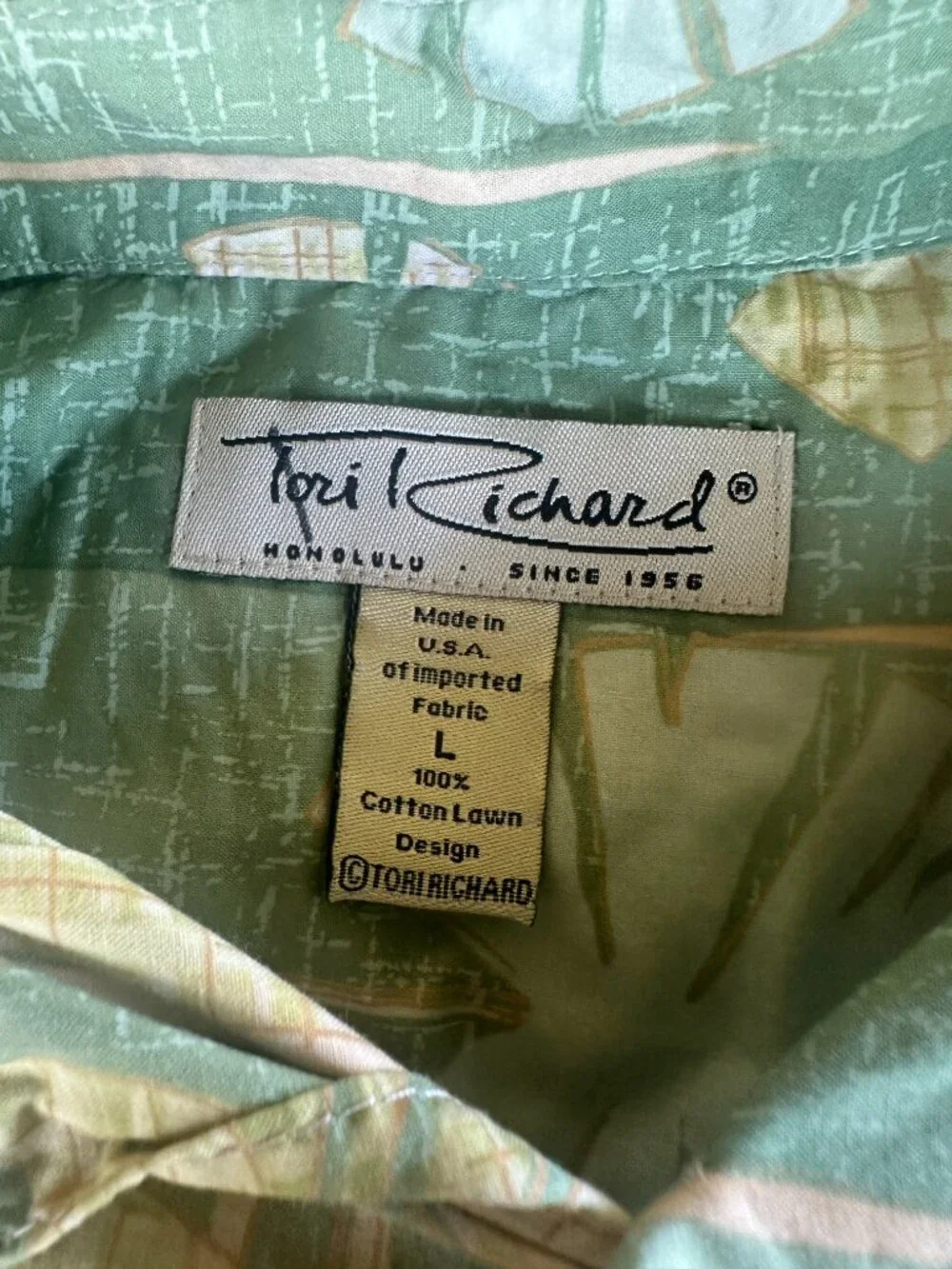 Tori Richard Men's Green Yellow Floral Leaf Bamboo Pattern Hawaiian Shirt Size L